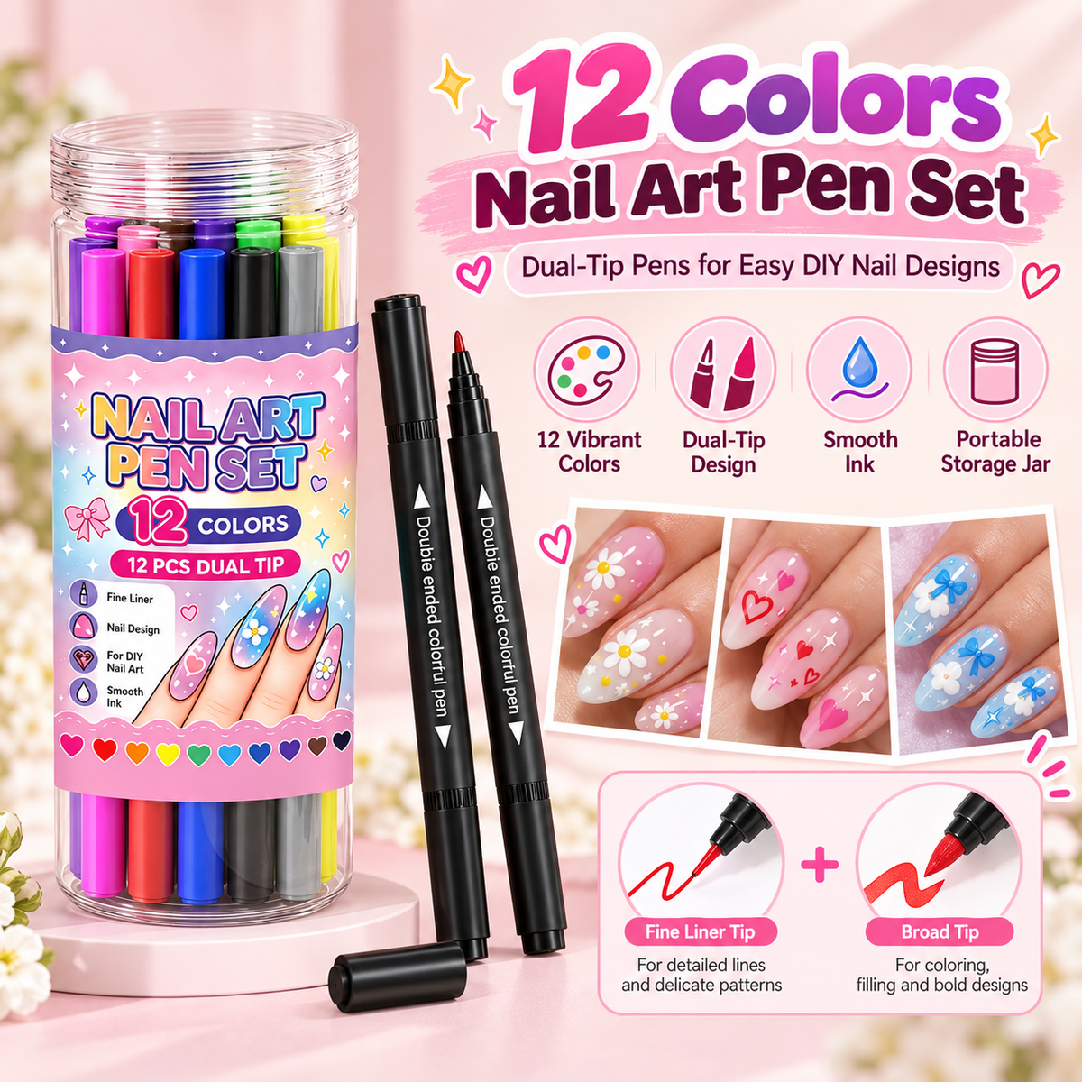 12-Color Dual Tip Nail Pens
