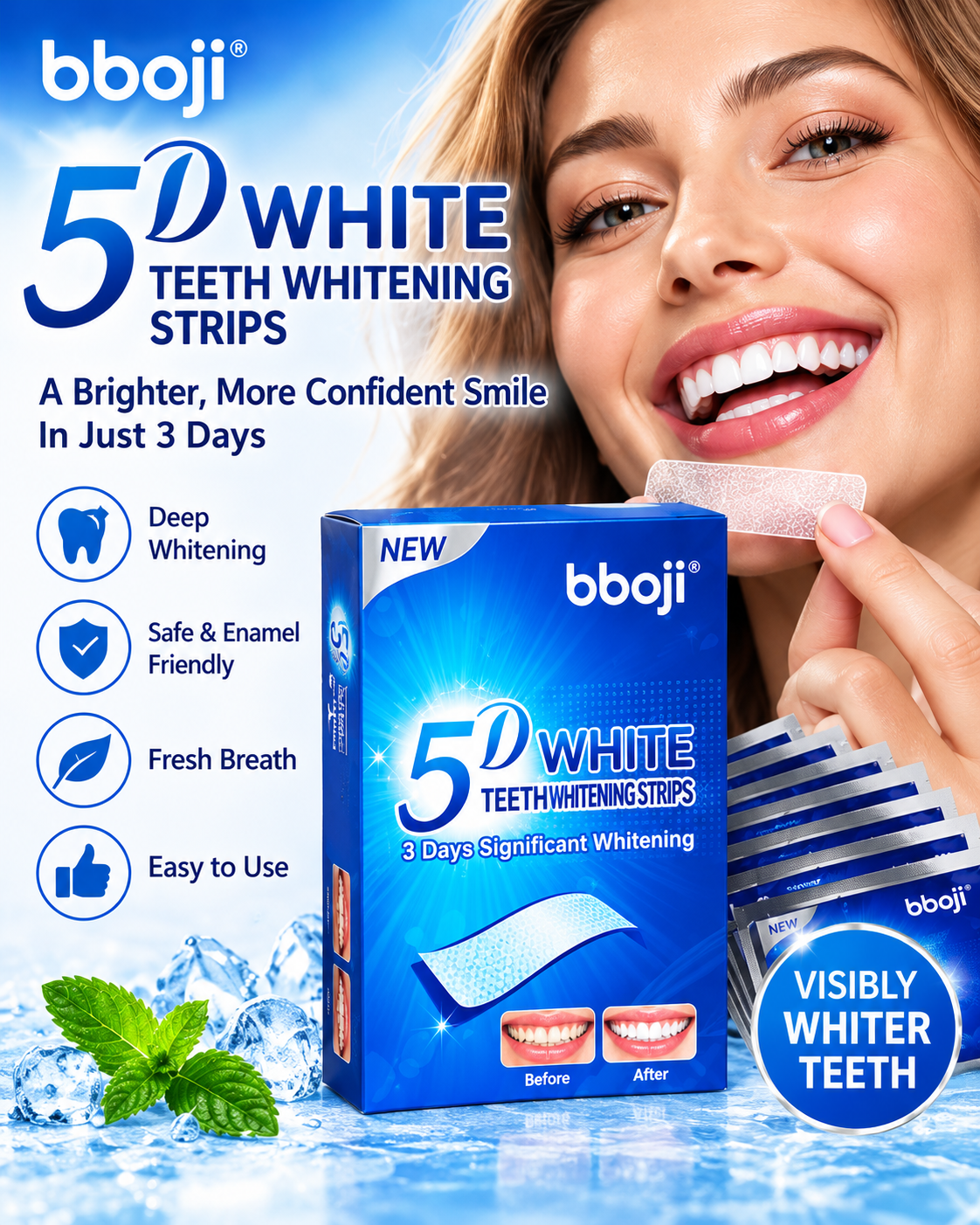 bboji 5D White Teeth Whitening Strips – Enamel-Friendly 3-Day Bright Smile Kit