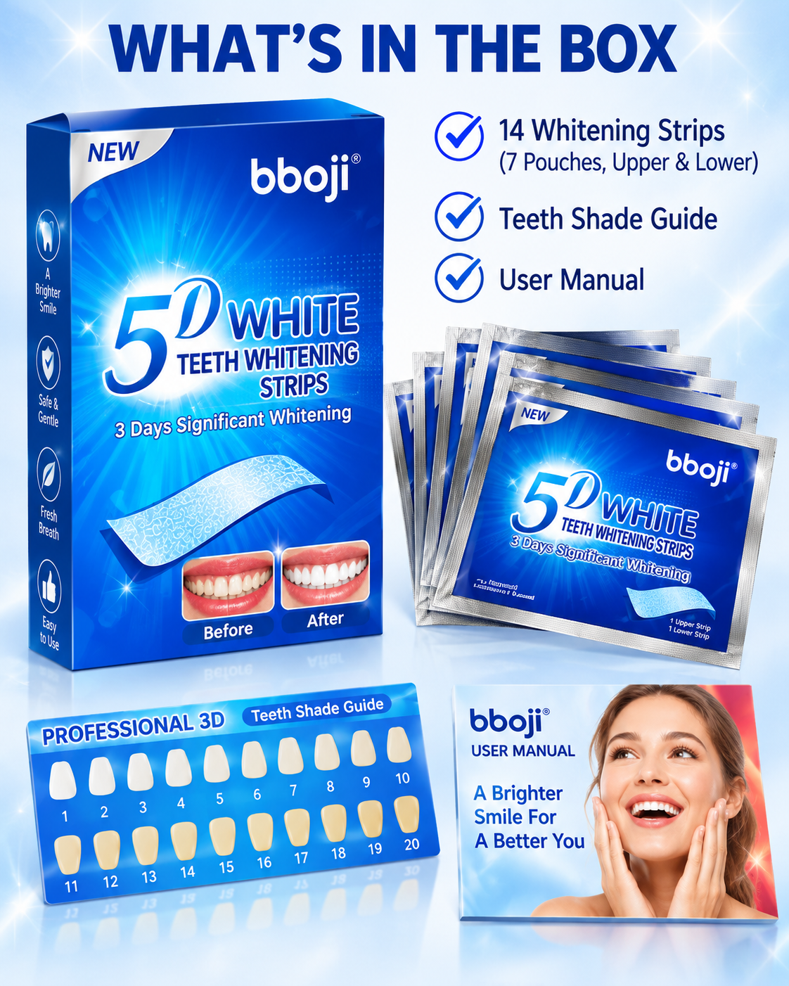 bboji 5D White Teeth Whitening Strips – Enamel-Friendly 3-Day Bright Smile Kit